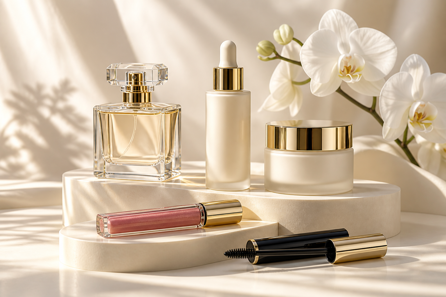 Perfumería y cuidado personal en una composición luminosa